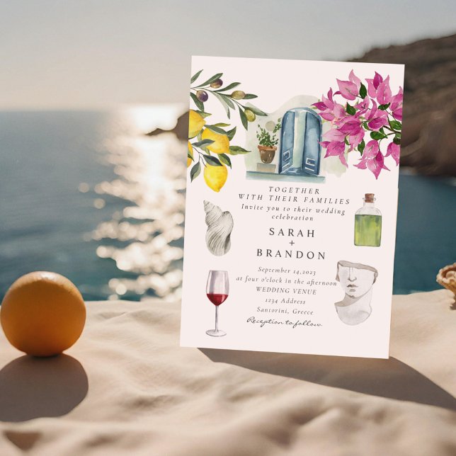 Convite Casamento de Grécia Azul-Azul-azulejo de Aquarela (Criador carregado)