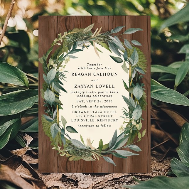 Convite Casamento de Greenery Wreath e Wood Rustic Nature (Criador carregado)