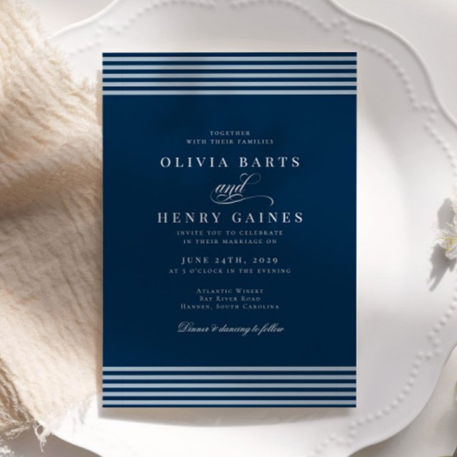 Convite Casamento de Greve Azul Costeira Elegante (Criador carregado)