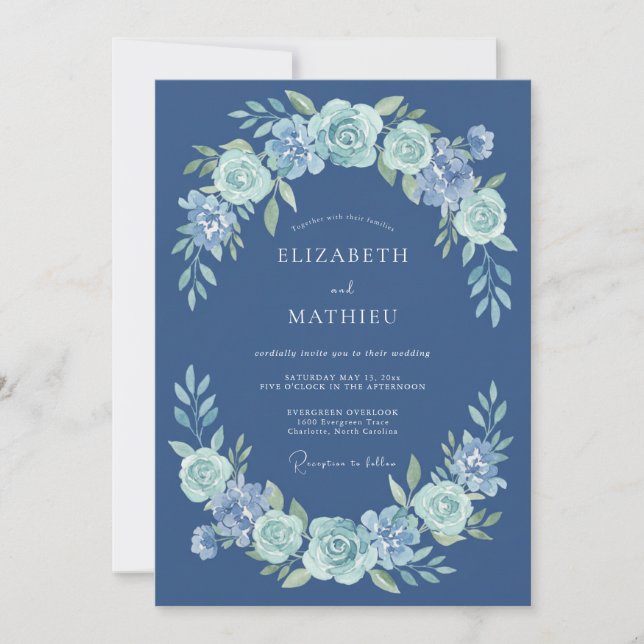 Convite Casamento de Grinalda Floral Azul Desbotado (Frente)