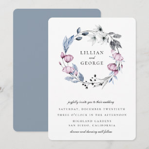 Convite Casamento de Grinalda Floral Azul Empoeirado Rosa 