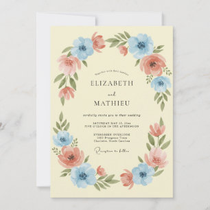 Convite Casamento de Grinalda Floral Azul Pêssego