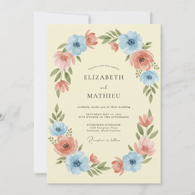 Convite Casamento de Grinalda Floral Azul Pêssego (Frente)