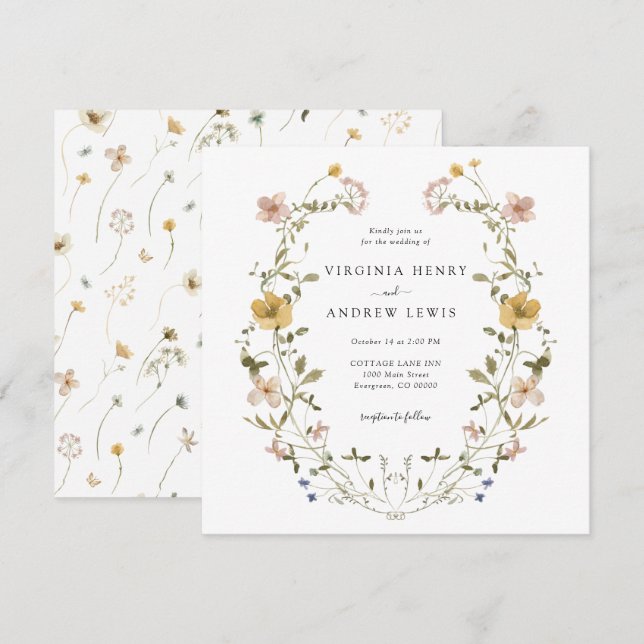 Convite Casamento de Grinalda Floral Elegante (Frente/Verso)