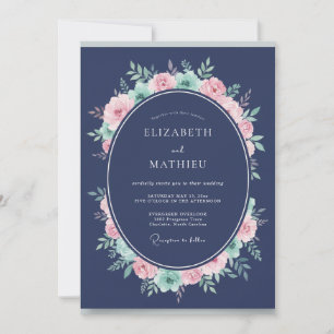 Convite Casamento de Grinalda Floral Romântica Azul Marinh