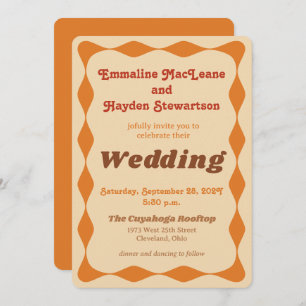 Convite Casamento de Groovy Orange e Brown Wavy Border