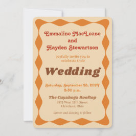 Convite Casamento de Groovy Orange e Brown Wavy Border