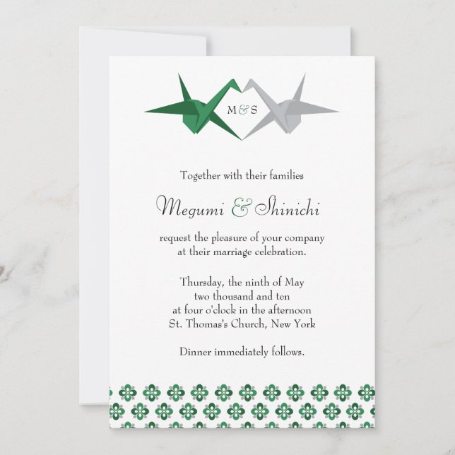 Convite Casamento de Gruas de Origami Verde / Silver (Frente)