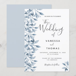 Convite Casamento de guião botânico branco-azul-Dusty