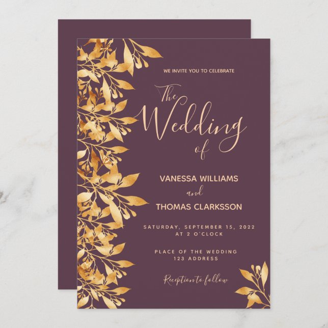 Convite Casamento de guião botânico de ouro roxo (Frente/Verso)