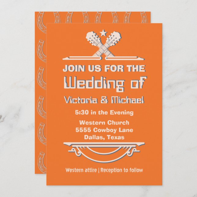 Convite Casamento de Guitarra Ocidental do Bold Colorful (Frente/Verso)