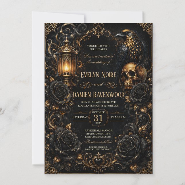 Convite Casamento de Halloween Black Rose Gothic (Frente)