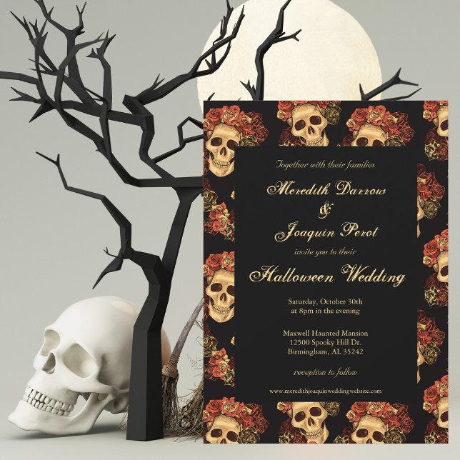 Convite Casamento de Halloween com Caveira Gótica e Rosas  (Criador carregado)