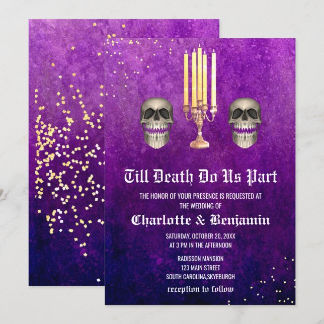 Convite Casamento de Halloween com Caveira Roxa (Frente/Verso)