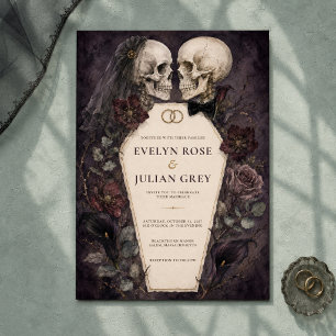 Convite Casamento de Halloween com Crânios em Aquarela Gót