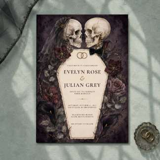 Convite Casamento de Halloween com Crânios em Aquarela Gót