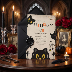 Convite Casamento de Halloween com Gato Preto Fofo