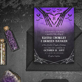 Convite Casamento de Halloween com Morcegos Roxos Esquelet