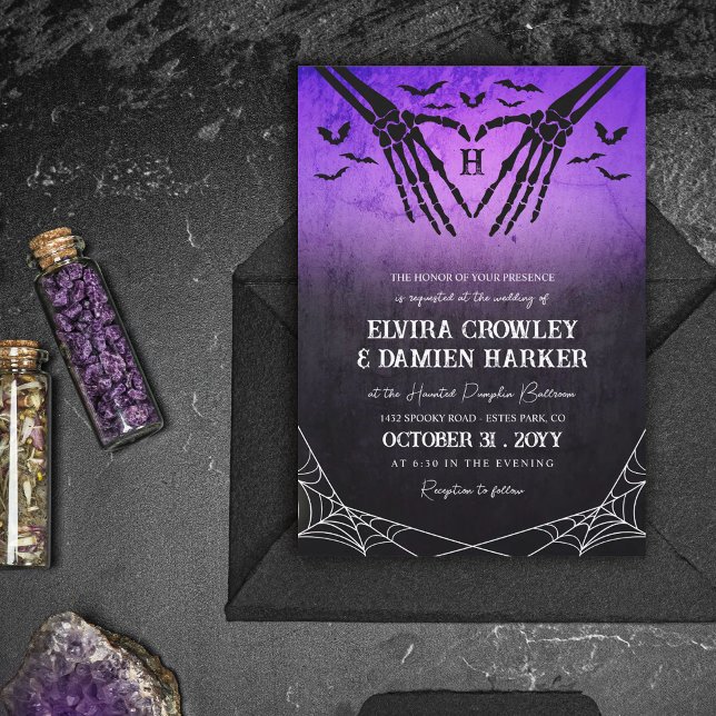 Convite Casamento de Halloween com Morcegos Roxos Esquelet (Criador carregado)