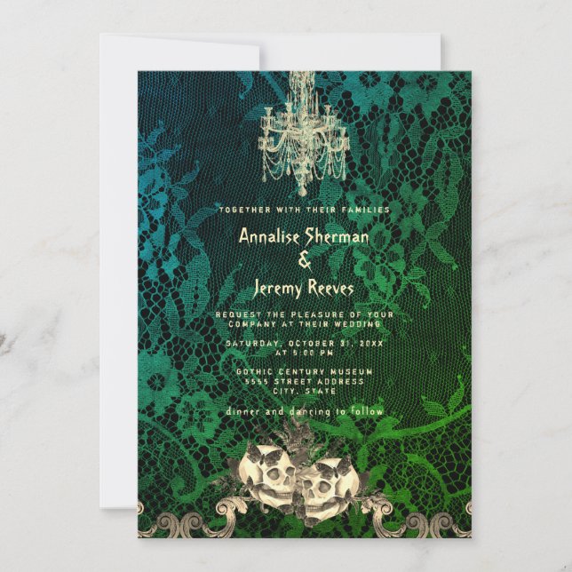 Convite Casamento de Halloween de Skeleton de rendas gótic (Frente)