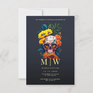 Convite Casamento de Halloween do Monograma Floral Skull