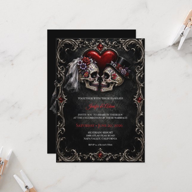 Convite Casamento de Halloween Esqueleto Gótico (Frente/Verso In Situ)