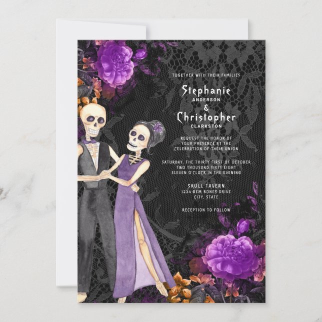 Convite Casamento de Halloween Floral Purple, de Esqueleto (Frente)