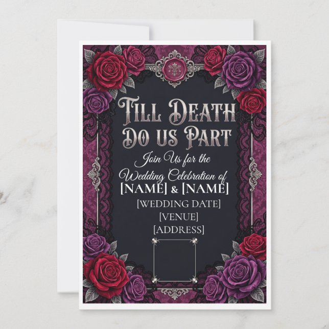 Convite Casamento de Halloween Gótico Até que a Morte Nos  (Frente)