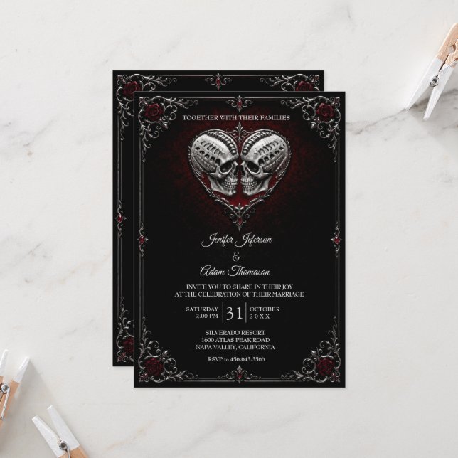 Convite Casamento de Halloween Gótico de Esqueleto (Frente/Verso In Situ)