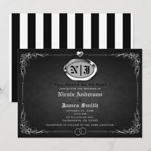 Convite Casamento de Halloween Gótico Vintage Prata e Pret