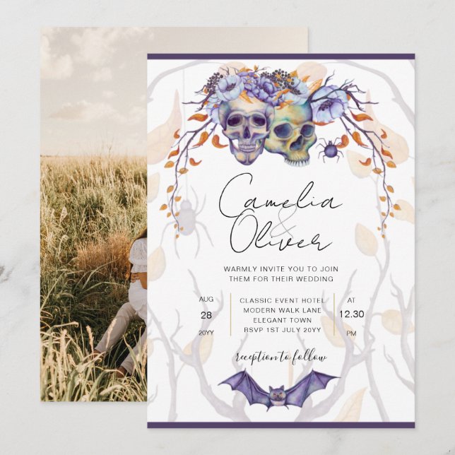 Convite Casamento de Halloween Invitation Gothic Skulls Pu (Frente/Verso)