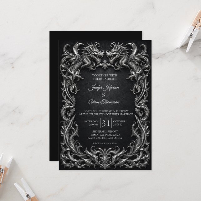 Convite Casamento de Halloween no estilo gótico com dragõe (Frente/Verso In Situ)