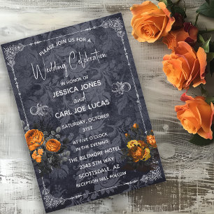 Convite Casamento de Halloween Rosa Laranja Floral Ornamen