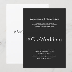 Convite Casamento de Hashtag Black Branco Moderno Minimali