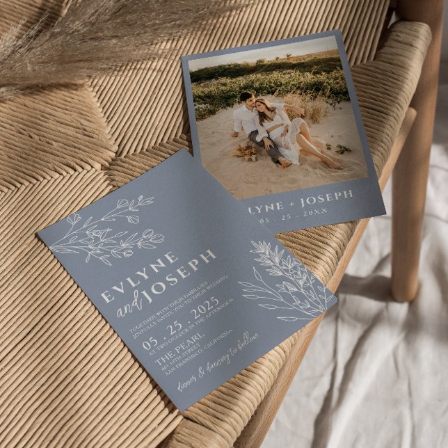 Convite Casamento de Herbal Azul-Dusta-Floral Elegante (Criador carregado)