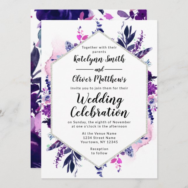 Convite Casamento de Hexágono Floral Violet Watercolor Enc (Frente/Verso)