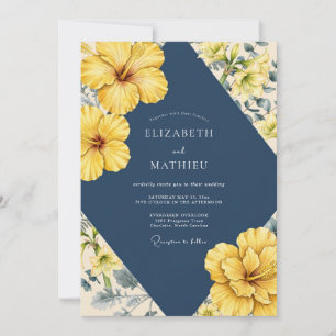 Convite Casamento de Hibisco Amarelo Navy com Eucalipto Su