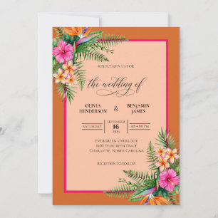 Convite Casamento de Hibisco Tropical Eucalipto Laranja