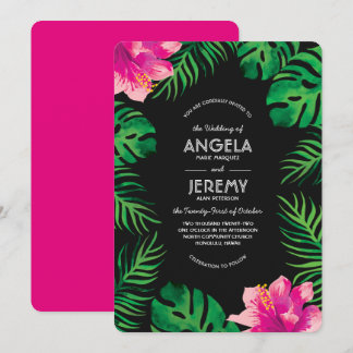 Convite Casamento de Hibiscos Rosa e Folhas Tropicais