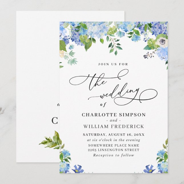 Convite Casamento de Hidrangea Azul Elegante com Aquarela  (Frente/Verso)