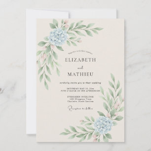 Convite Casamento de Hortênsia Azul Azure Folhagem de Euca