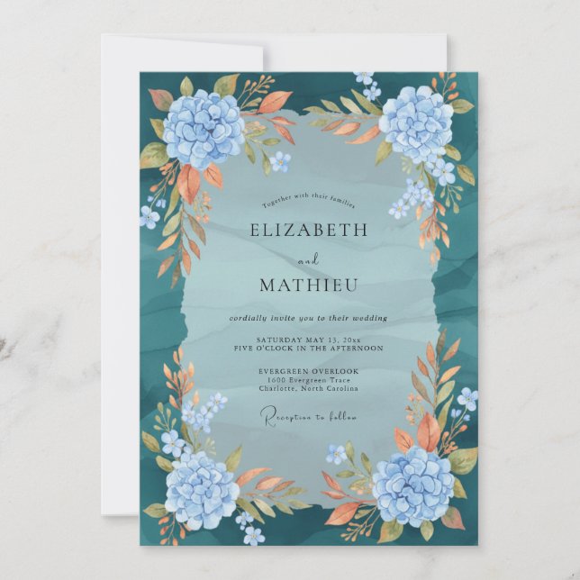 Convite Casamento de Hortênsia Azul Turquesa com Eucalipto (Frente)