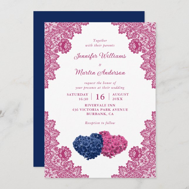 Convite Casamento de Hortênsia de Renda Floral Rosa Azul-M (Frente/Verso)