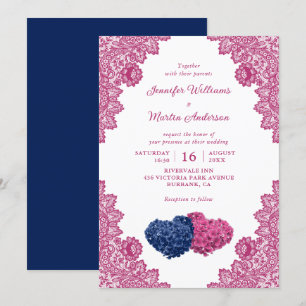 Convite Casamento de Hortênsia de Renda Floral Rosa Azul-M