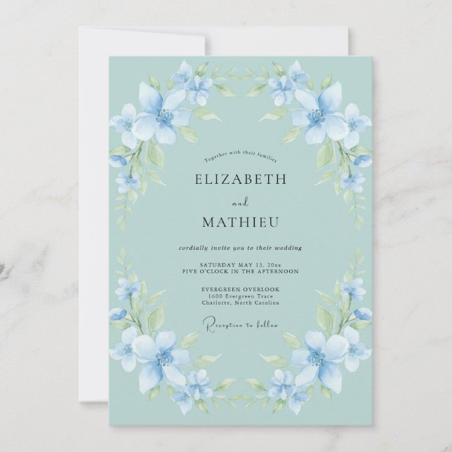 Convite Casamento de Hortênsia Eucalipto Azul-Celeste (Frente)