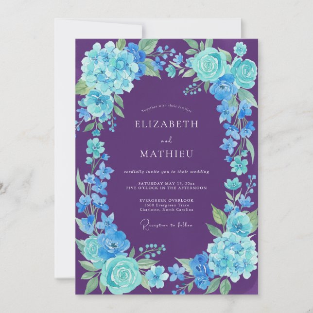 Convite Casamento de Hortênsia Eucalipto Ciano Roxo (Frente)