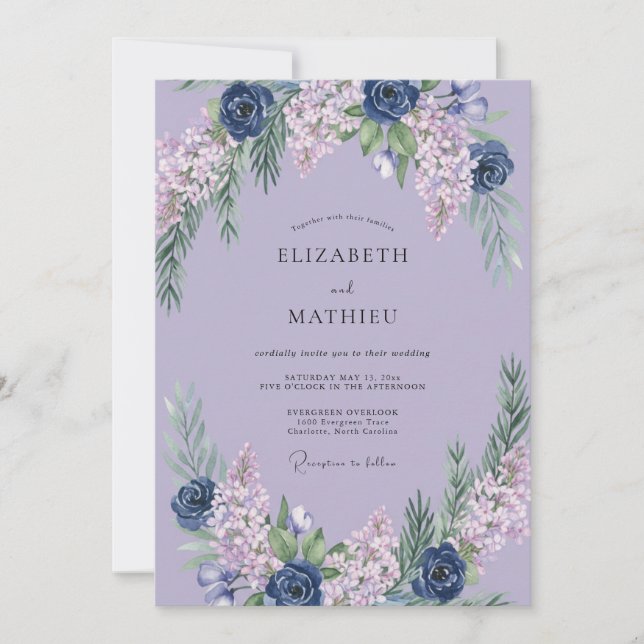 Convite Casamento de Hortênsia Eucalipto Índigo Lavanda (Frente)