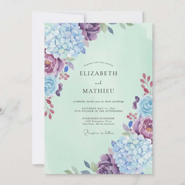 Convite Casamento de Hortênsia Eucalipto Menta Periwinkle (Frente)