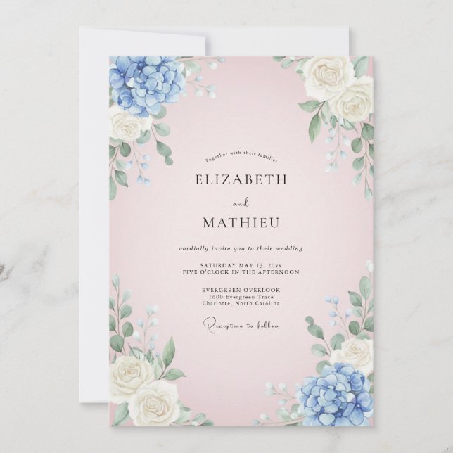 Convite Casamento de Hortênsia Eucalipto Rosa Pálido (Frente)