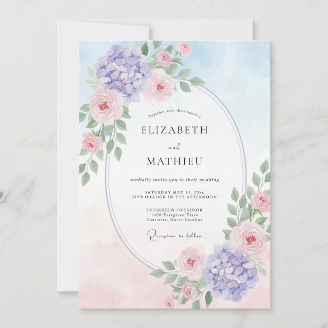 Convite Casamento de Hortênsia Eucalipto Rosa Periwinkle (Frente)